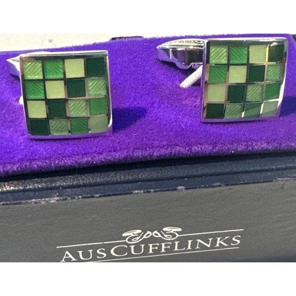 Aus Cufflinks Jade Coral Green Cufflinks Square Pattern W/ Box Fast Shipping - Picture 4 of 4